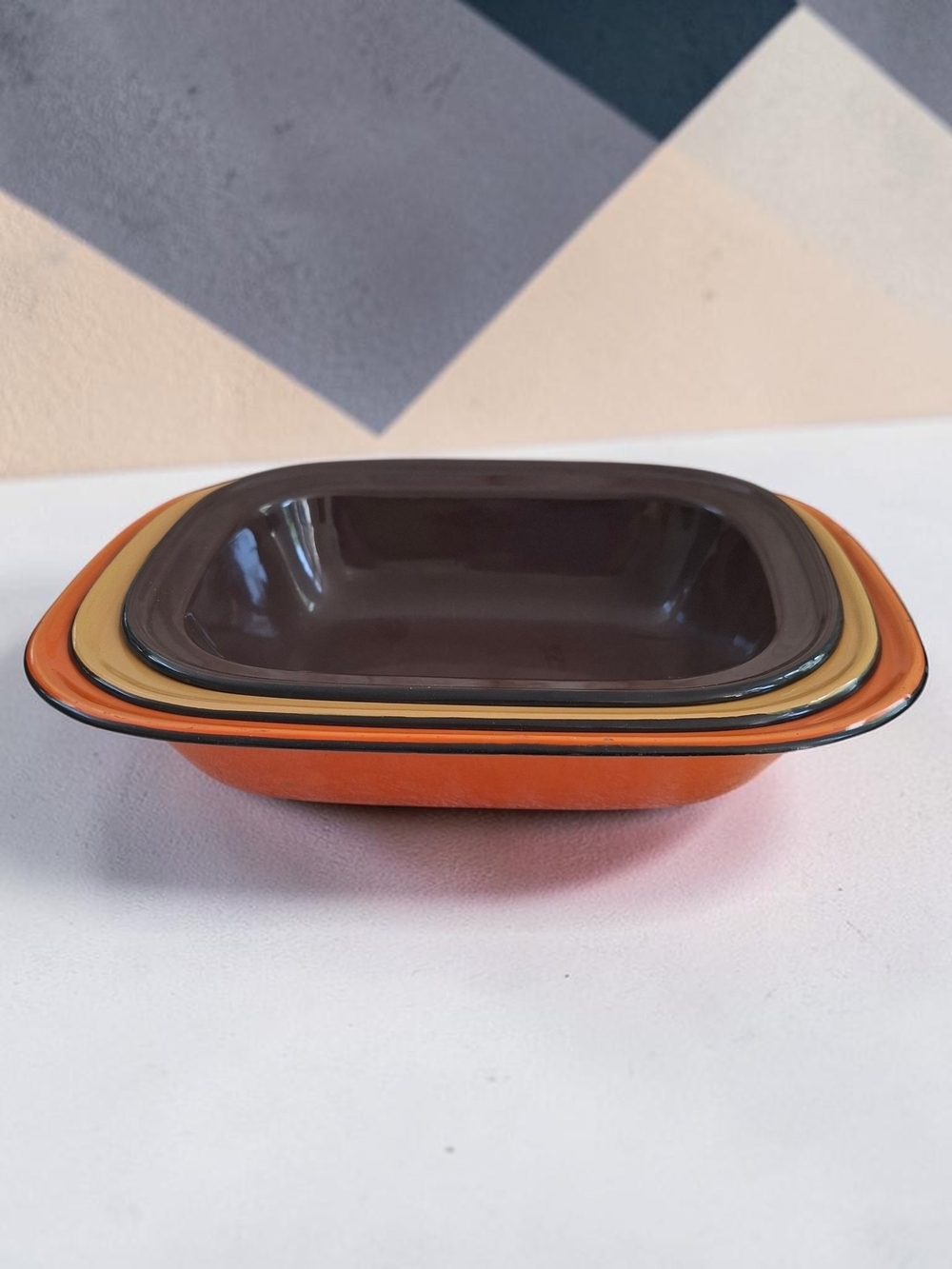 Vintage MCM Enamelware Nesting Bowls Set of 3 Orange Yellow Brown Stackable